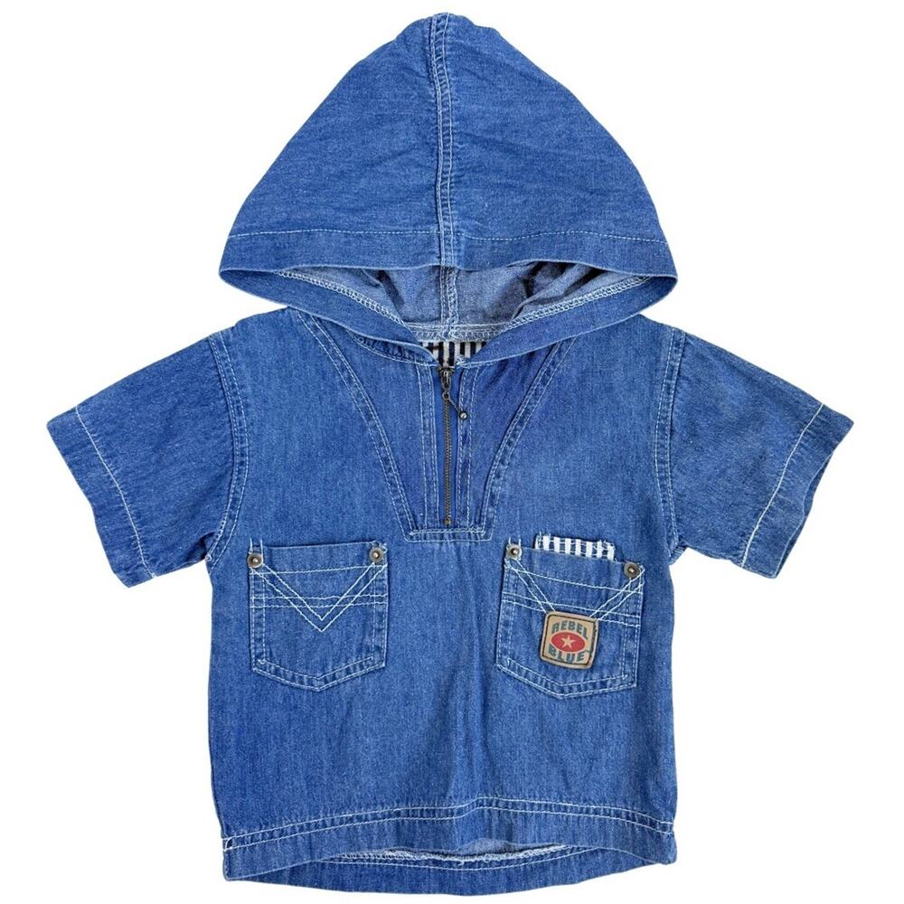 Vintage Rebel Blue Kids Denim Hooded Shirt Jacket 90s Toddler Pullover Zip